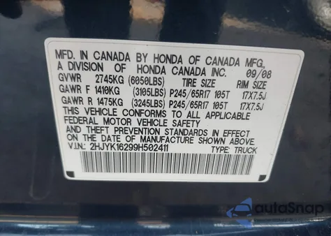 2009 Honda Ridgeline Rt from USA, damaged, VIN 2HJYK16299H502411